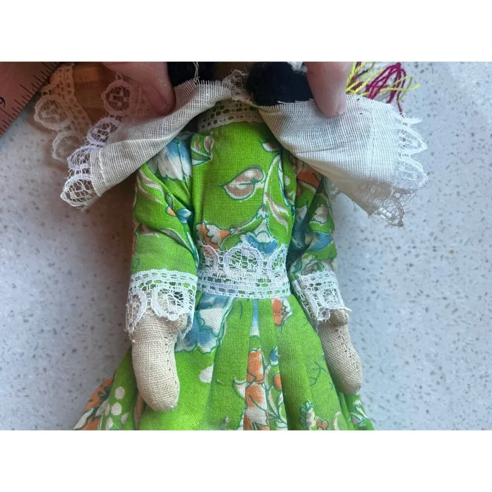 Handmade St. Thomas Folk Cloth Doll VTG In Traditional Green Dress With Veil